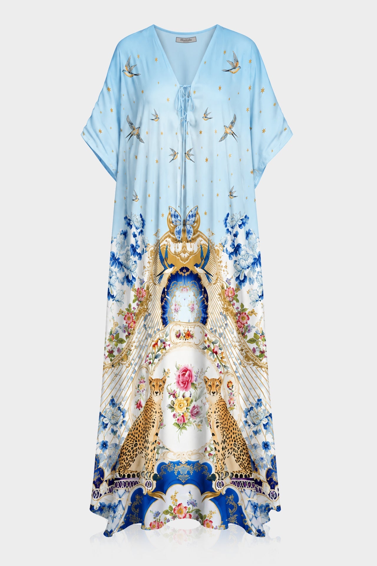 Blue Romanticism Print Viscose Silk Convertible Kaftan