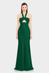 Dark Green Matte Satin Halter Maxi Dress with Twist Front & Open Back