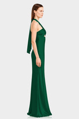 Dark Green Matte Satin Halter Maxi Dress with Twist Front & Open Back