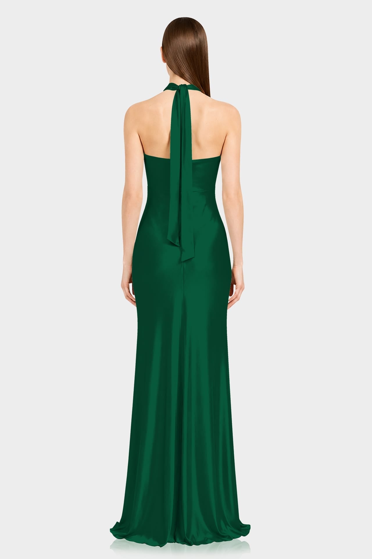 Dark Green Matte Satin Halter Maxi Dress with Twist Front & Open Back