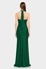 Dark Green Matte Satin Halter Maxi Dress with Twist Front & Open Back