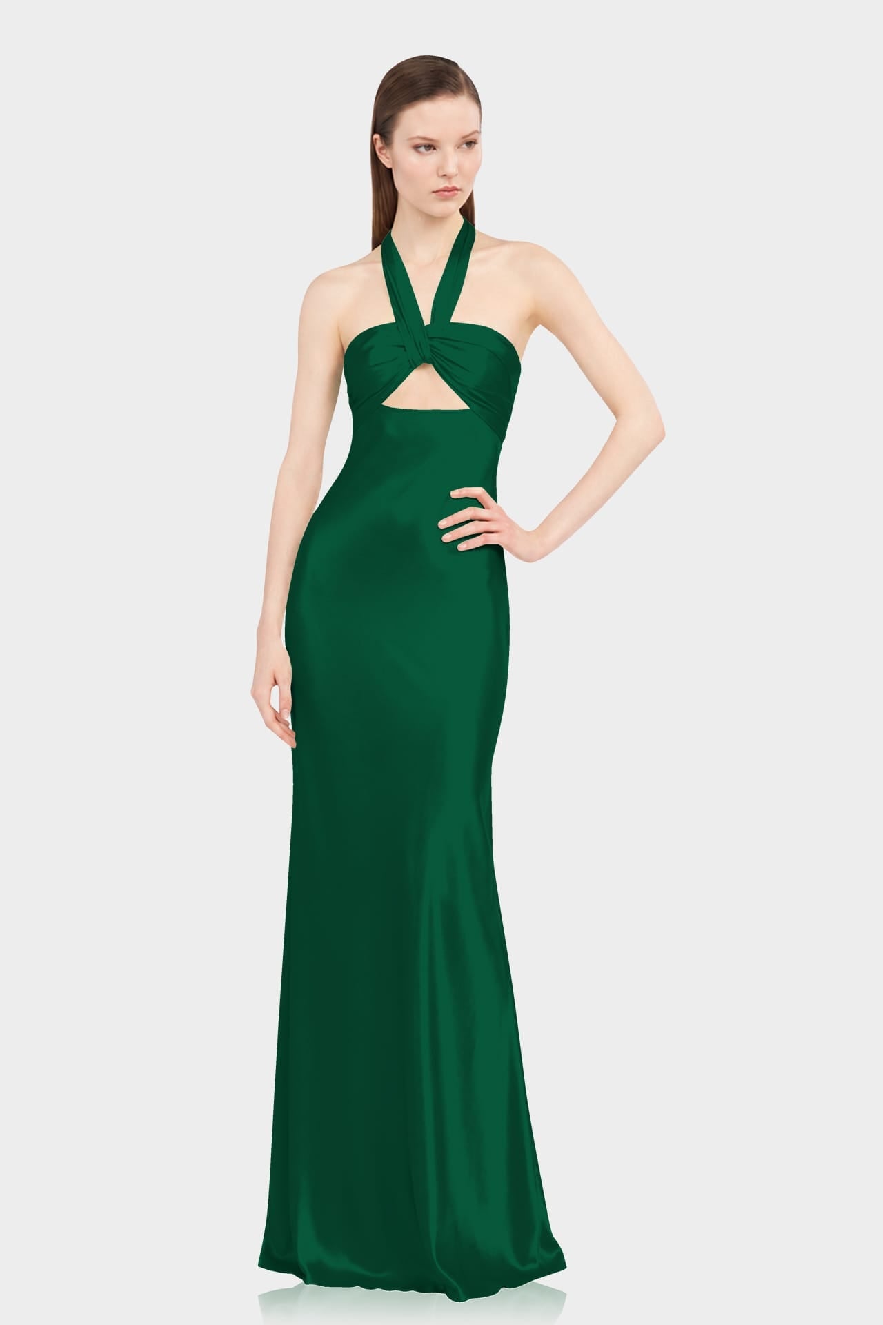 Dark Green Matte Satin Halter Maxi Dress with Twist Front & Open Back