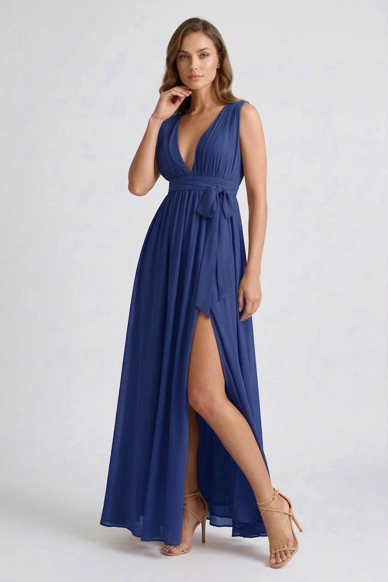 Dark Navy V-Neck Bridesmaid Dress – Elegant Formal Maxi Gown