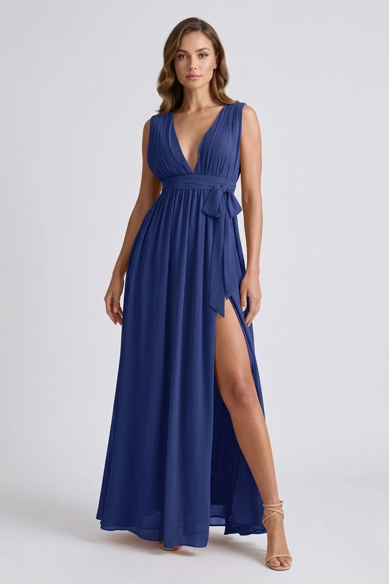 Dark Navy V-Neck Bridesmaid Dress – Elegant Formal Maxi Gown