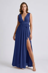 Dark Navy V-Neck Bridesmaid Dress – Elegant Formal Maxi Gown