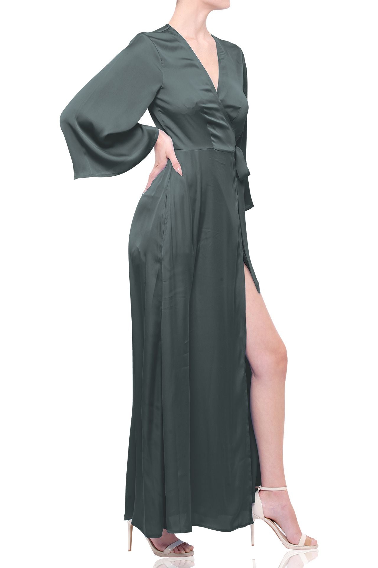 Dark Sage Long Sleeve Lightweight Wrap Dress for Tropical Travel