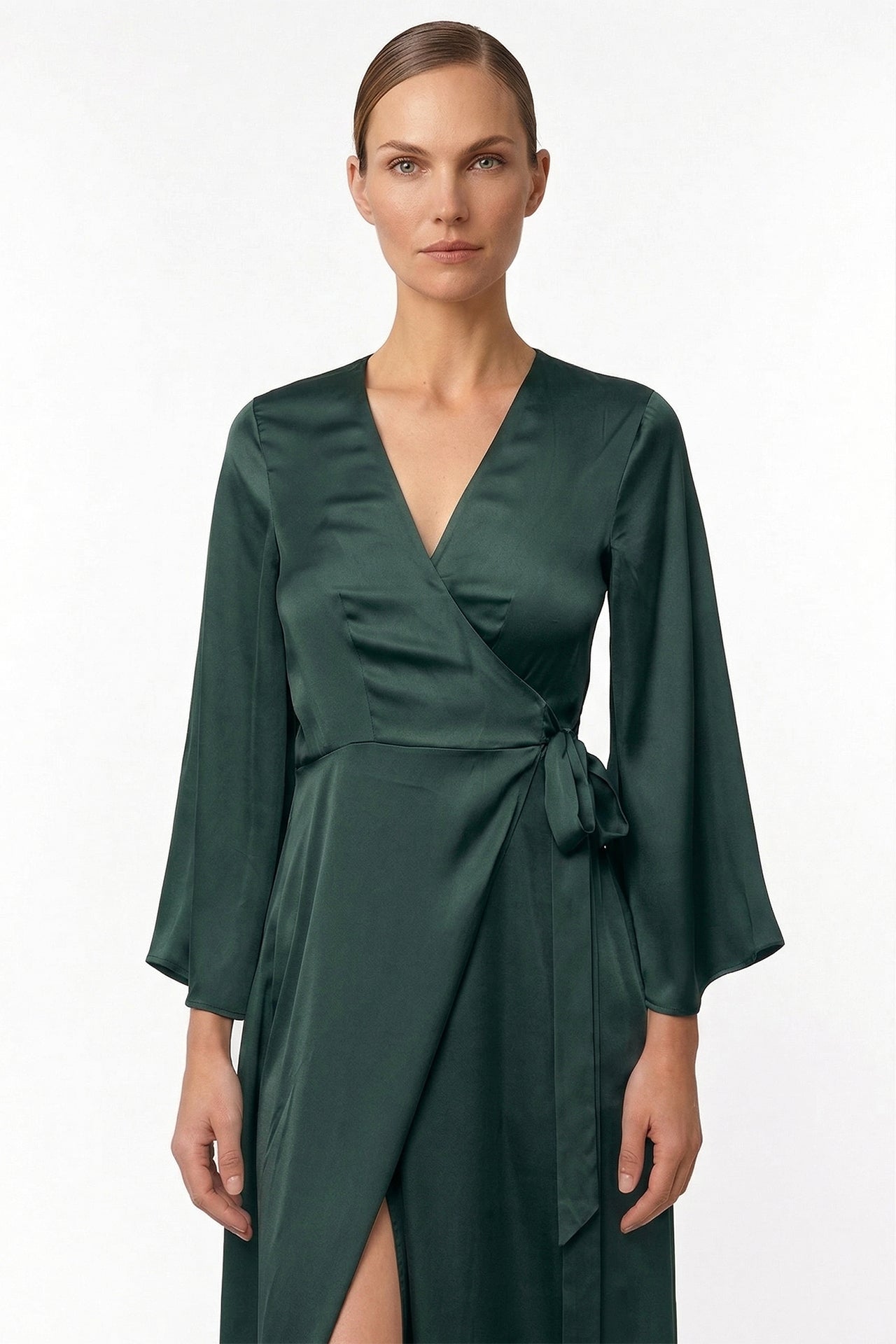 Dark Sage Long Sleeve Lightweight Wrap Dress for Tropical Travel