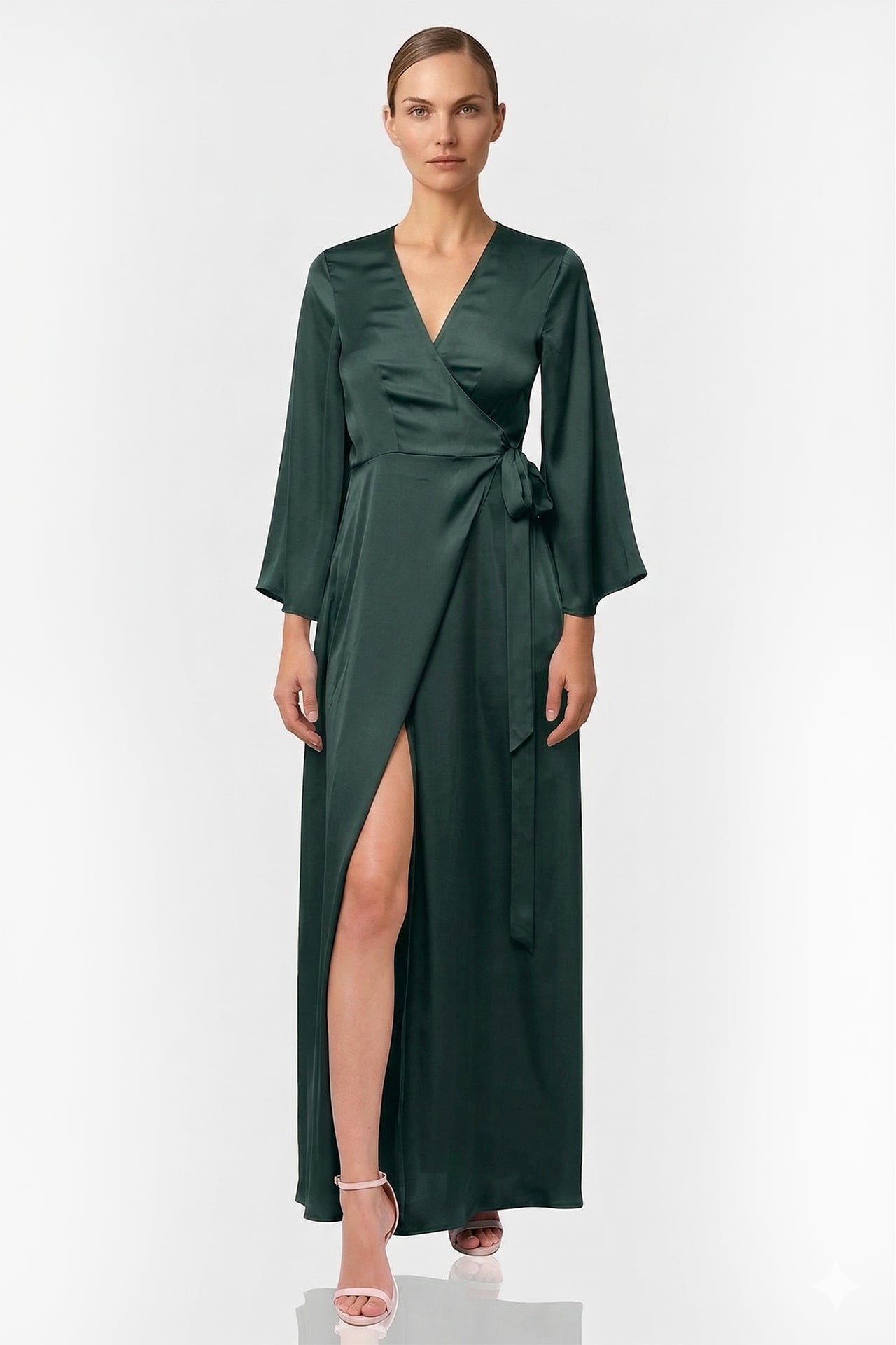 Dark Sage Long Sleeve Lightweight Wrap Dress for Tropical Travel