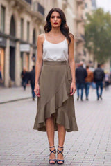 Dark Taupe High Waist Satin Wrap Skirt – Elegant Midi Ruffle Skirt