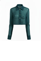 Deep Teal Green Fitted Sheer Shirt for Women – Organza Cropped Blouse