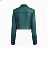 Deep Teal Green Fitted Sheer Shirt for Women – Organza Cropped Blouse