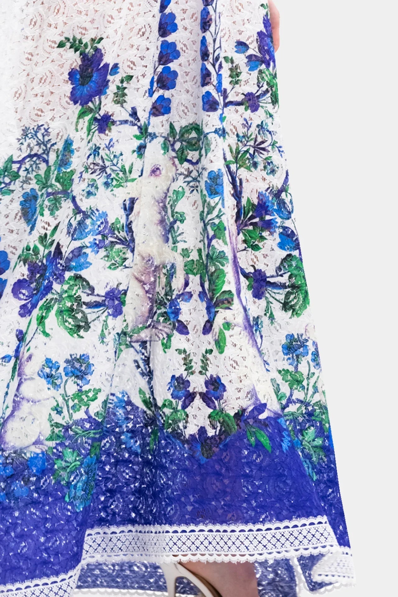 White Lace Kaftan Maxi Dress with Blue floral Print