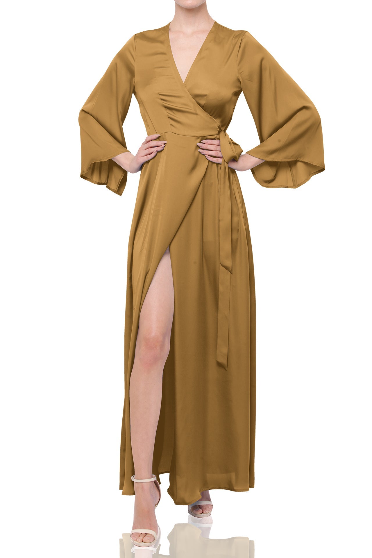 Champagne Beige Satin Wrap Maxi Bridesmaid Dress – Long Sleeve Wedding Gown