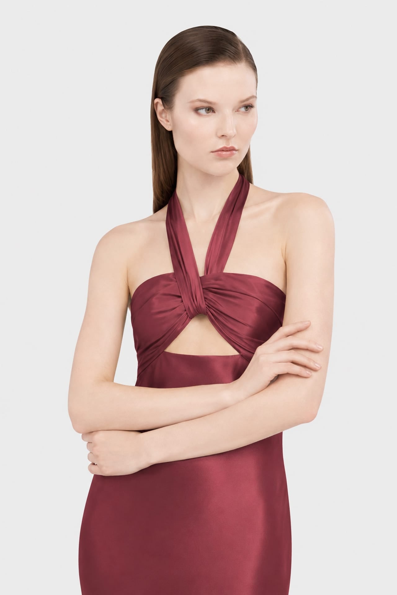 Designer Burgundy Matte Satin Maxi Dress with Halter Neck & Front Cut Out - Bridesmaid Dress
