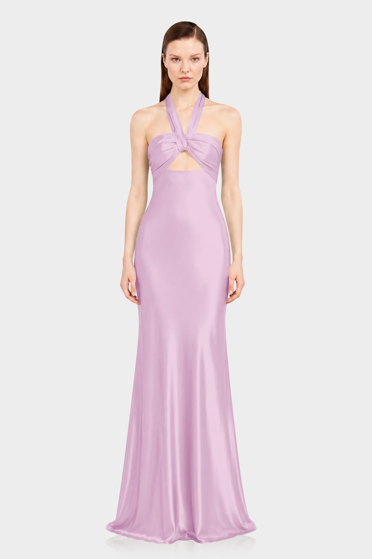 Designer Candy Pink Formal Ruched Halter Satin Maxi Dress