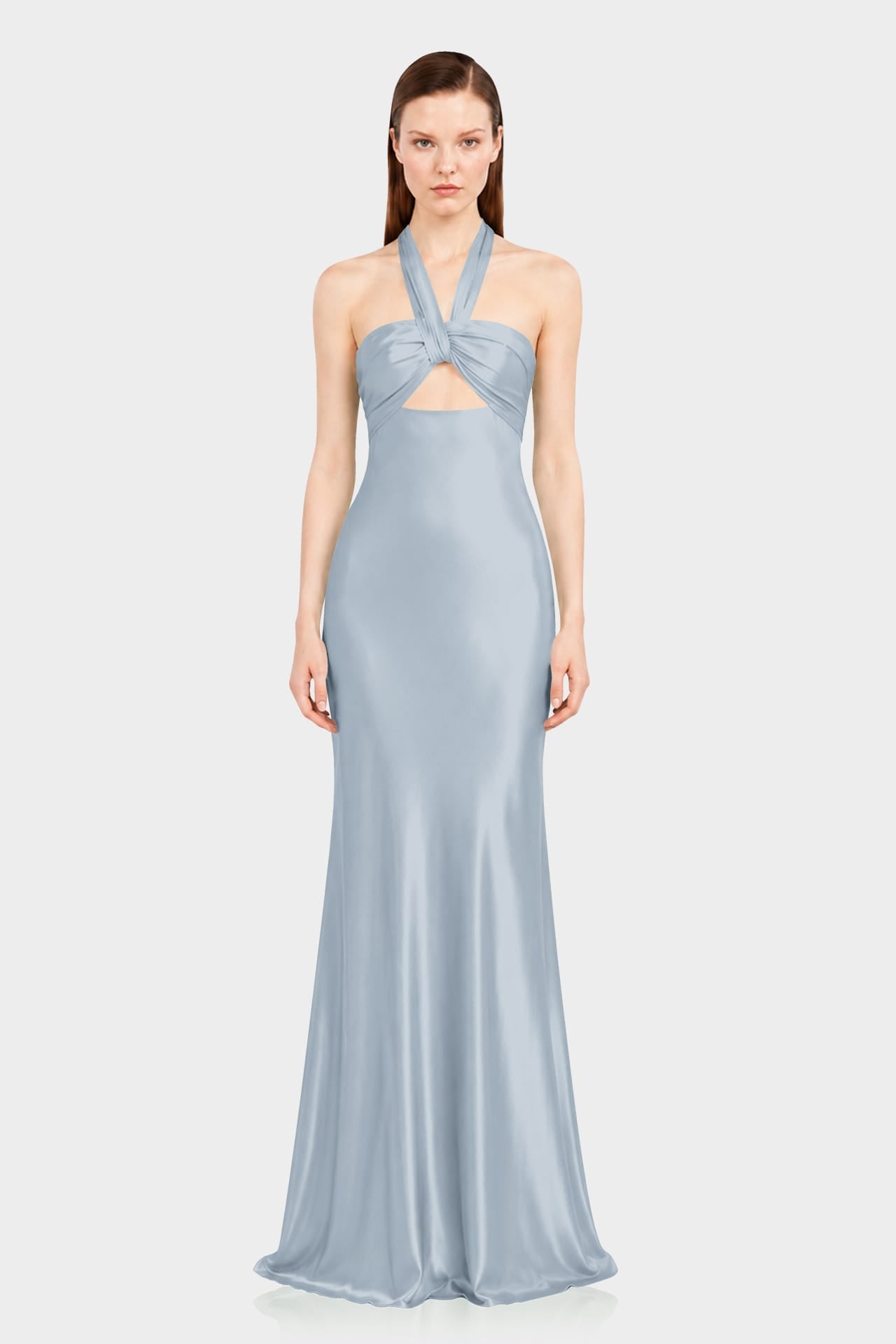 Designer Dusty Blue Ruched Halter Neck Satin Evening Gown for Wedding Guests & Bridesmaids