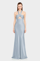 Designer Dusty Blue Ruched Halter Neck Satin Evening Gown for Wedding Guests & Bridesmaids