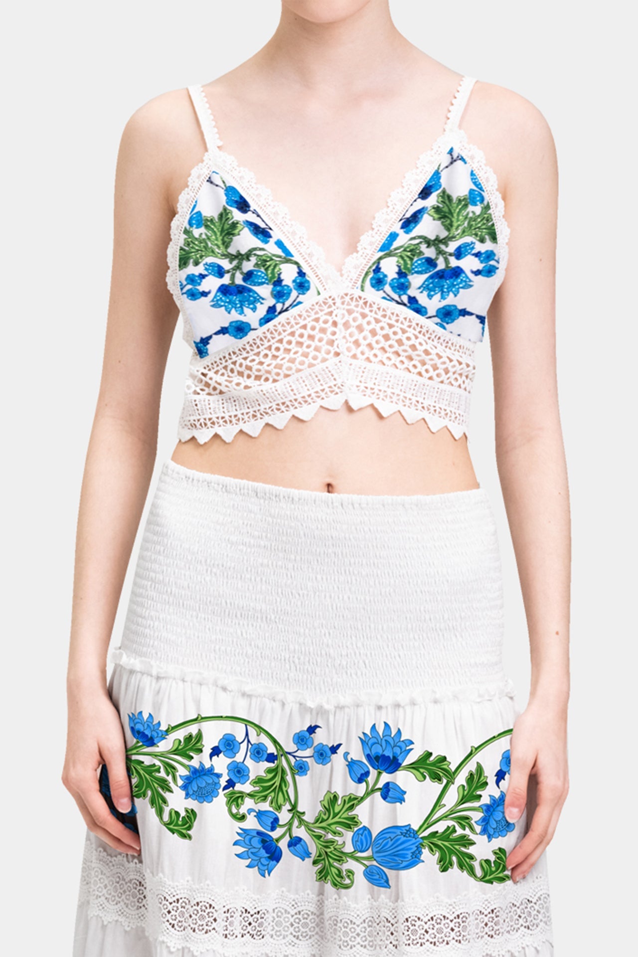 White and Blue Floral Cotton Bralette with Guipure Lace