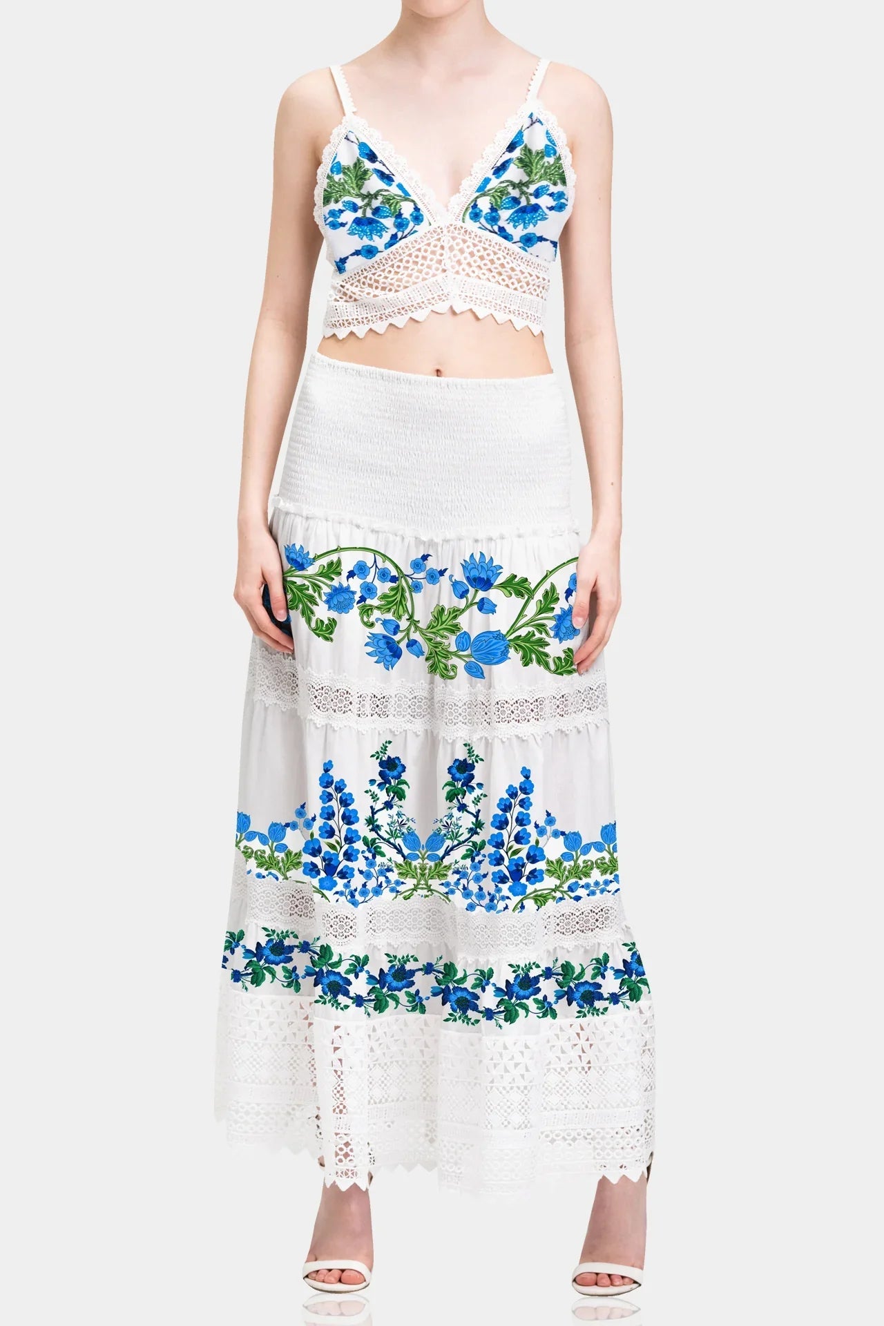 White & Blue Floral Cotton Maxi Skirt with Smocked Waist & Guipure Lace