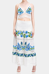 White & Blue Floral Cotton Maxi Skirt with Smocked Waist & Guipure Lace