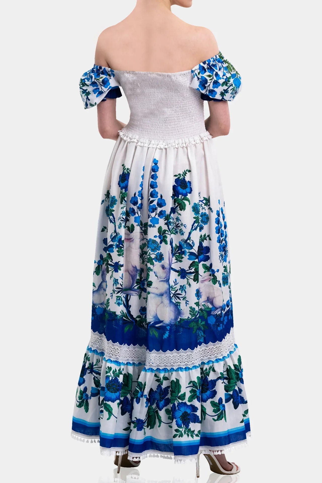 White & Blue Floral Voile Maxi Dress with Guipure Lace Trim