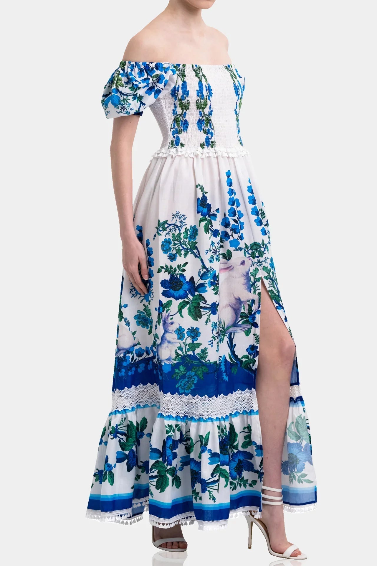 White & Blue Floral Voile Maxi Dress with Guipure Lace Trim