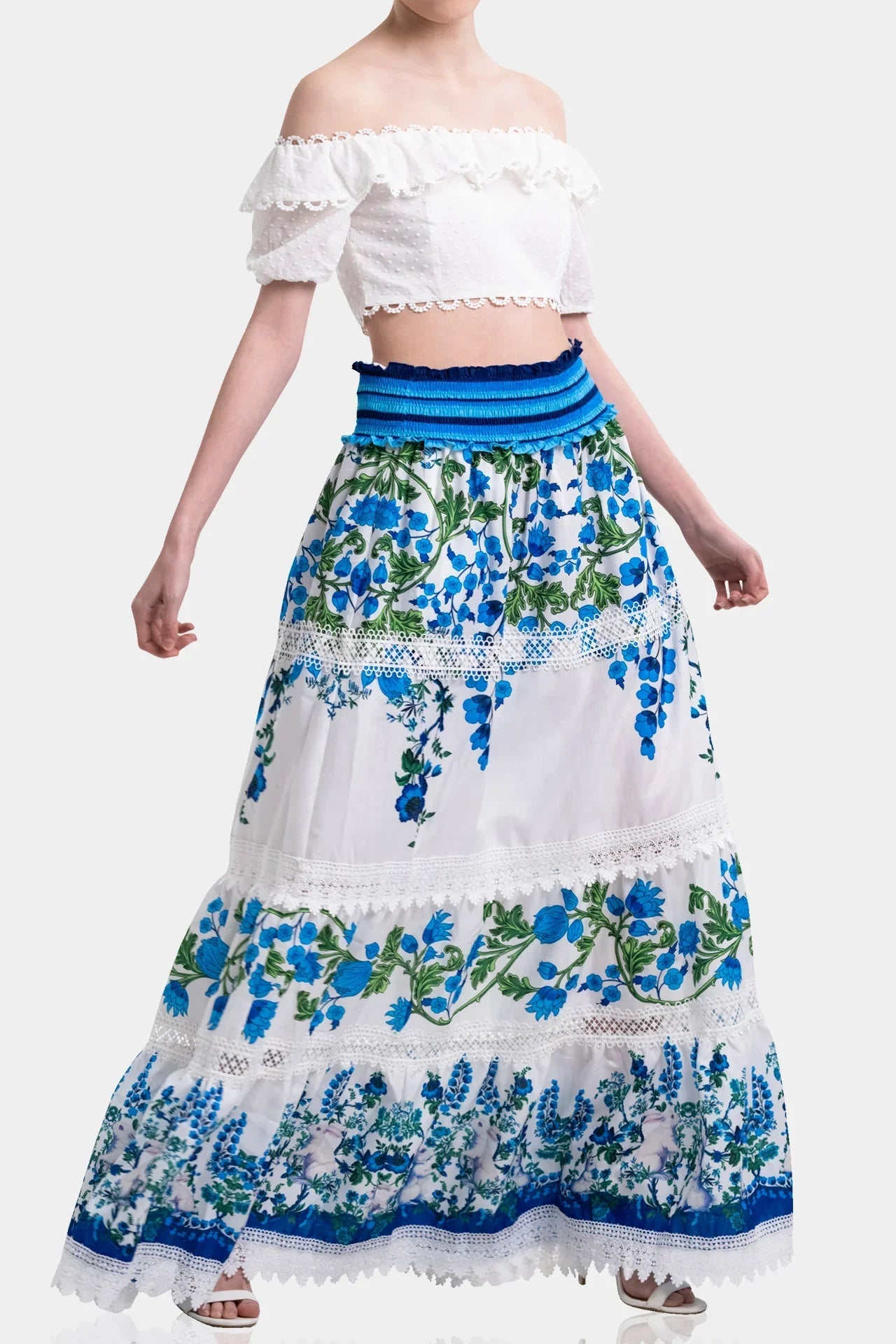 White & Blue Botanical Cotton Maxi Skirt with Guipure Lace Detail