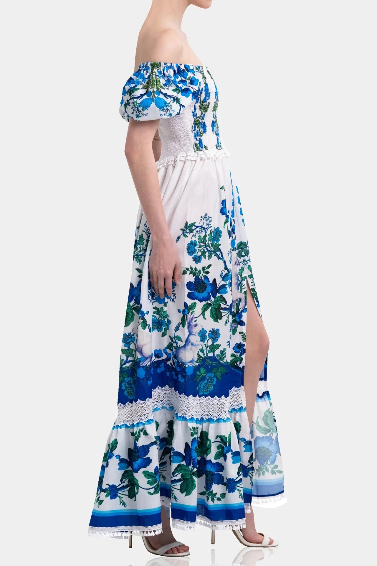 White & Blue Floral Voile Maxi Dress with Guipure Lace Trim
