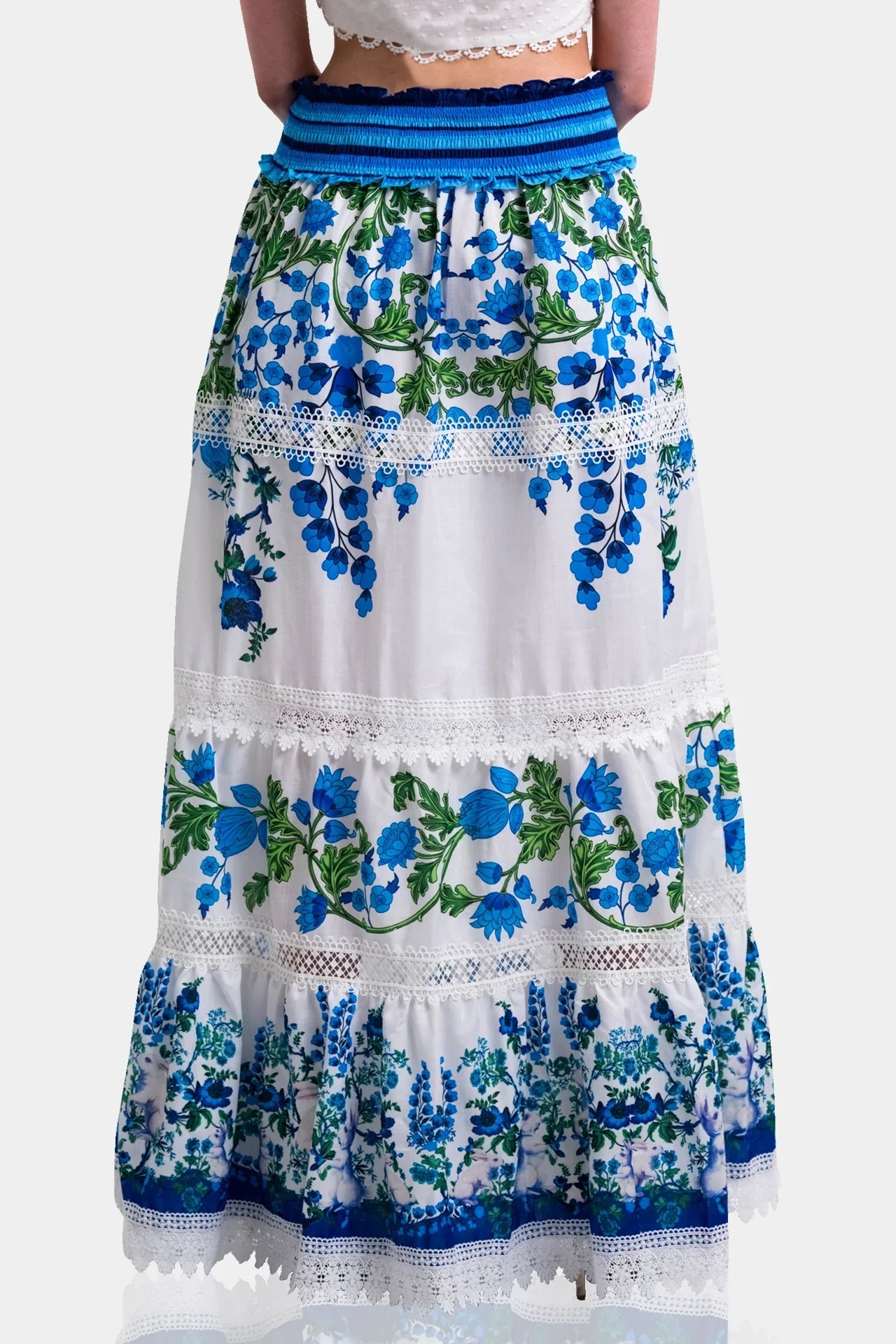 White & Blue Botanical Cotton Maxi Skirt with Guipure Lace Detail