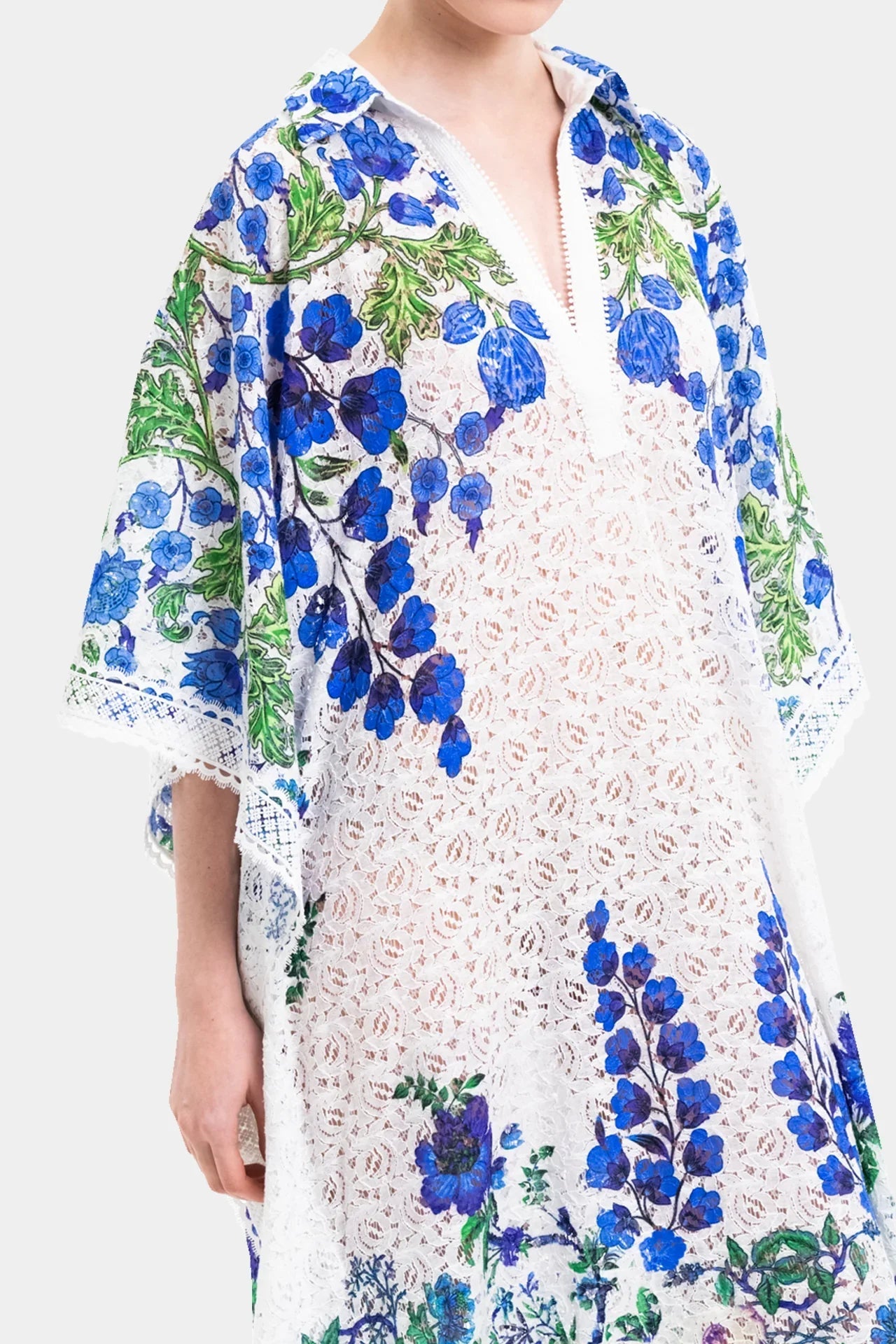 White Lace Kaftan Maxi Dress with Blue floral Print