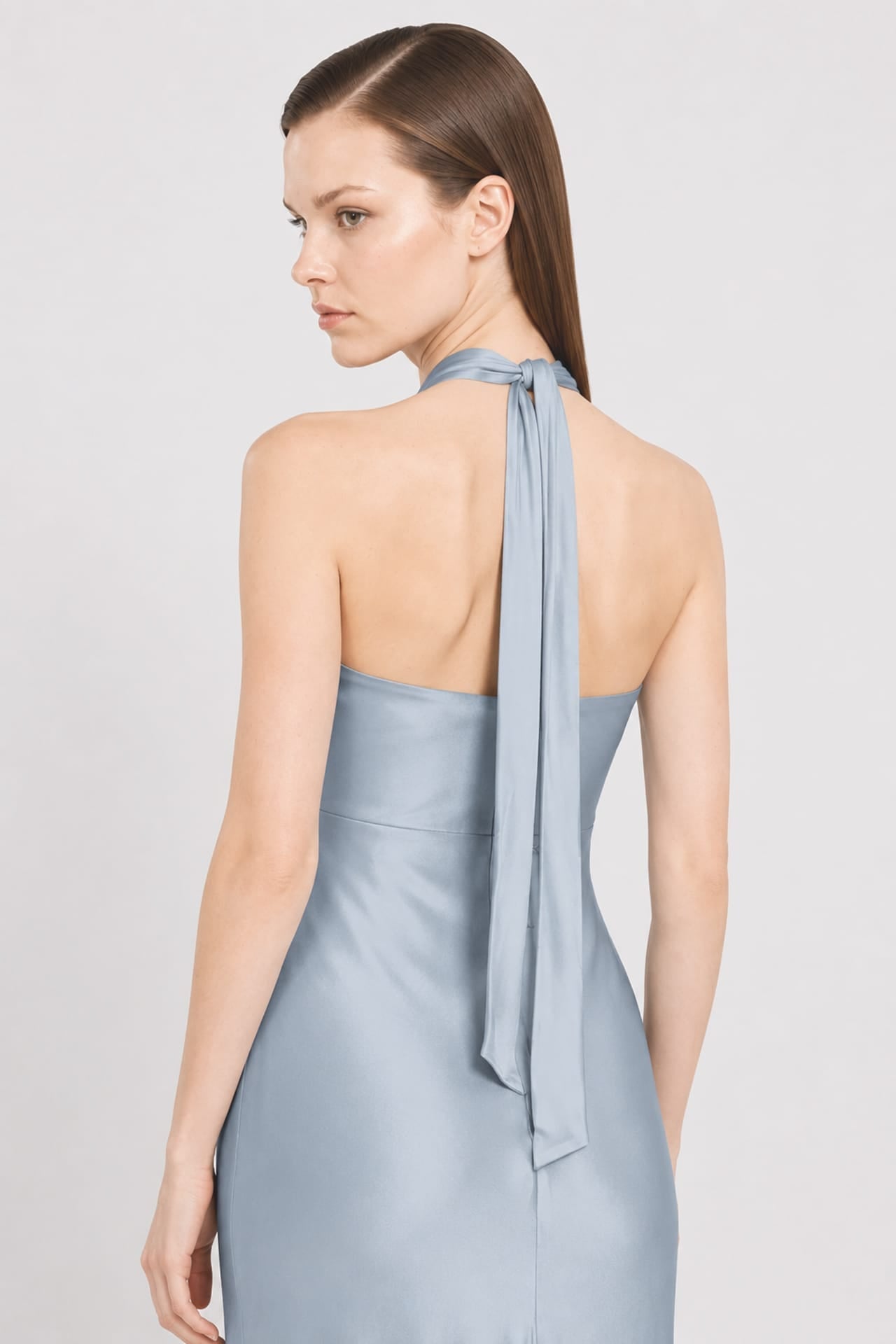 Designer Dusty Blue Ruched Halter Neck Satin Evening Gown for Wedding Guests & Bridesmaids