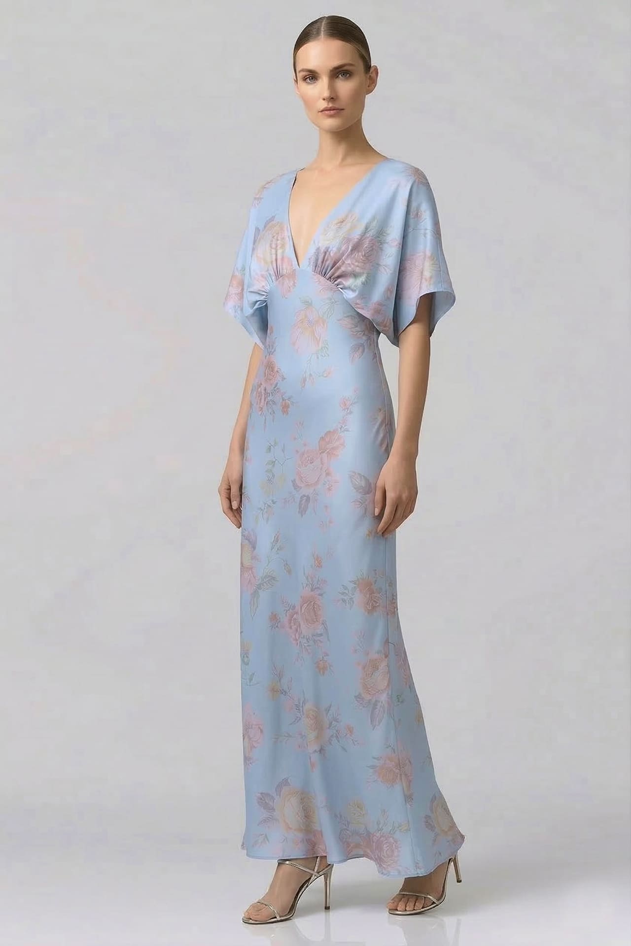 Shasi Powder Blue Satin V-Neck Floral Bridesmaid Dress with Flutter Sleeves- Beach Bridal Dress