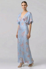Shasi Powder Blue Satin V-Neck Floral Bridesmaid Dress with Flutter Sleeves- Beach Bridal Dress