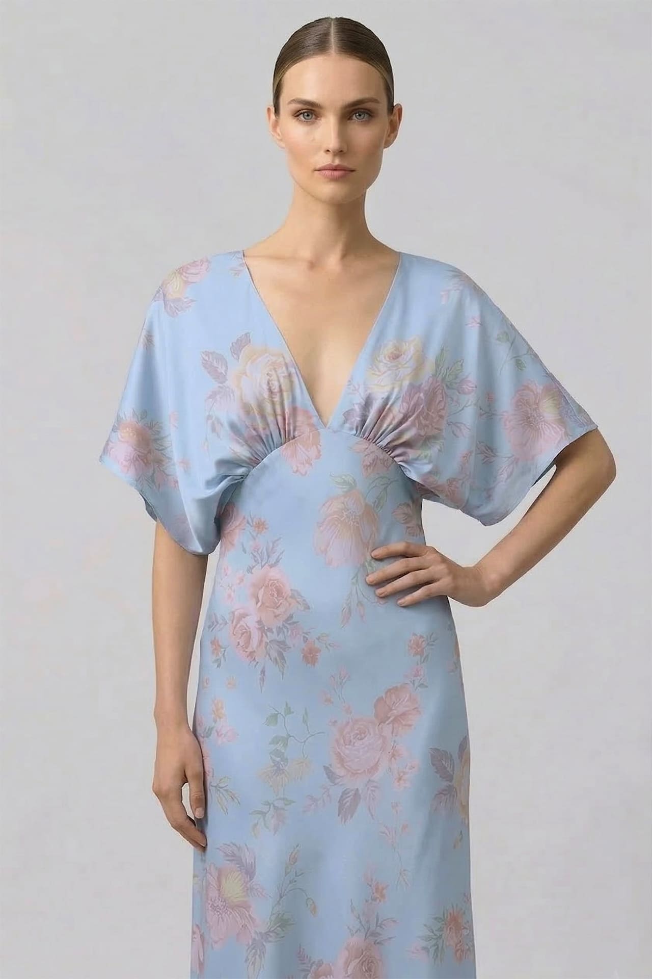 Shasi Powder Blue Satin V-Neck Floral Bridesmaid Dress with Flutter Sleeves- Beach Bridal Dress