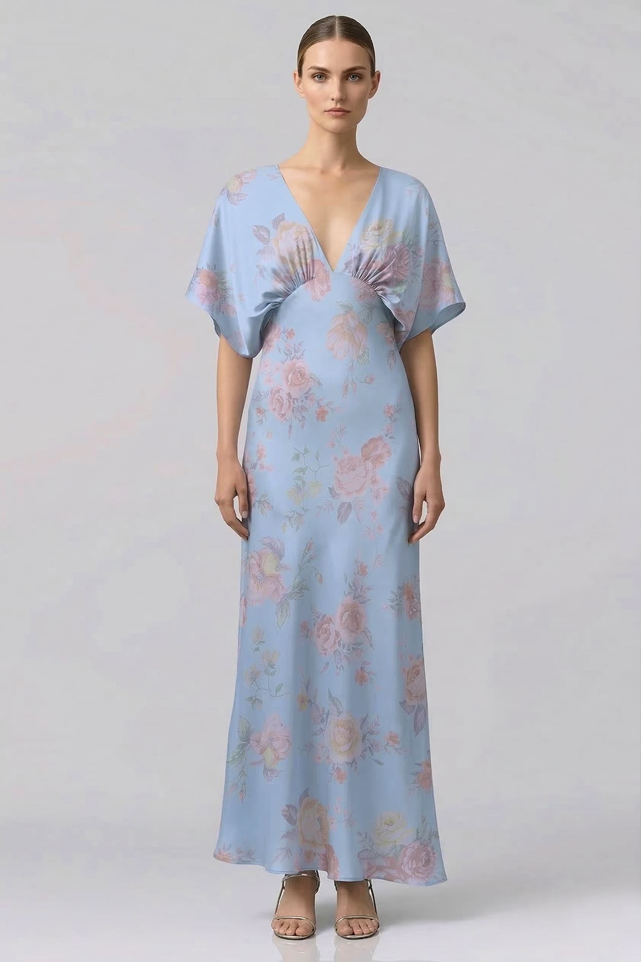 Shasi Powder Blue Satin V-Neck Floral Bridesmaid Dress with Flutter Sleeves- Beach Bridal Dress