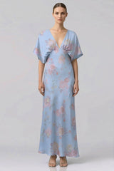 Shasi Powder Blue Satin V-Neck Floral Bridesmaid Dress with Flutter Sleeves- Beach Bridal Dress