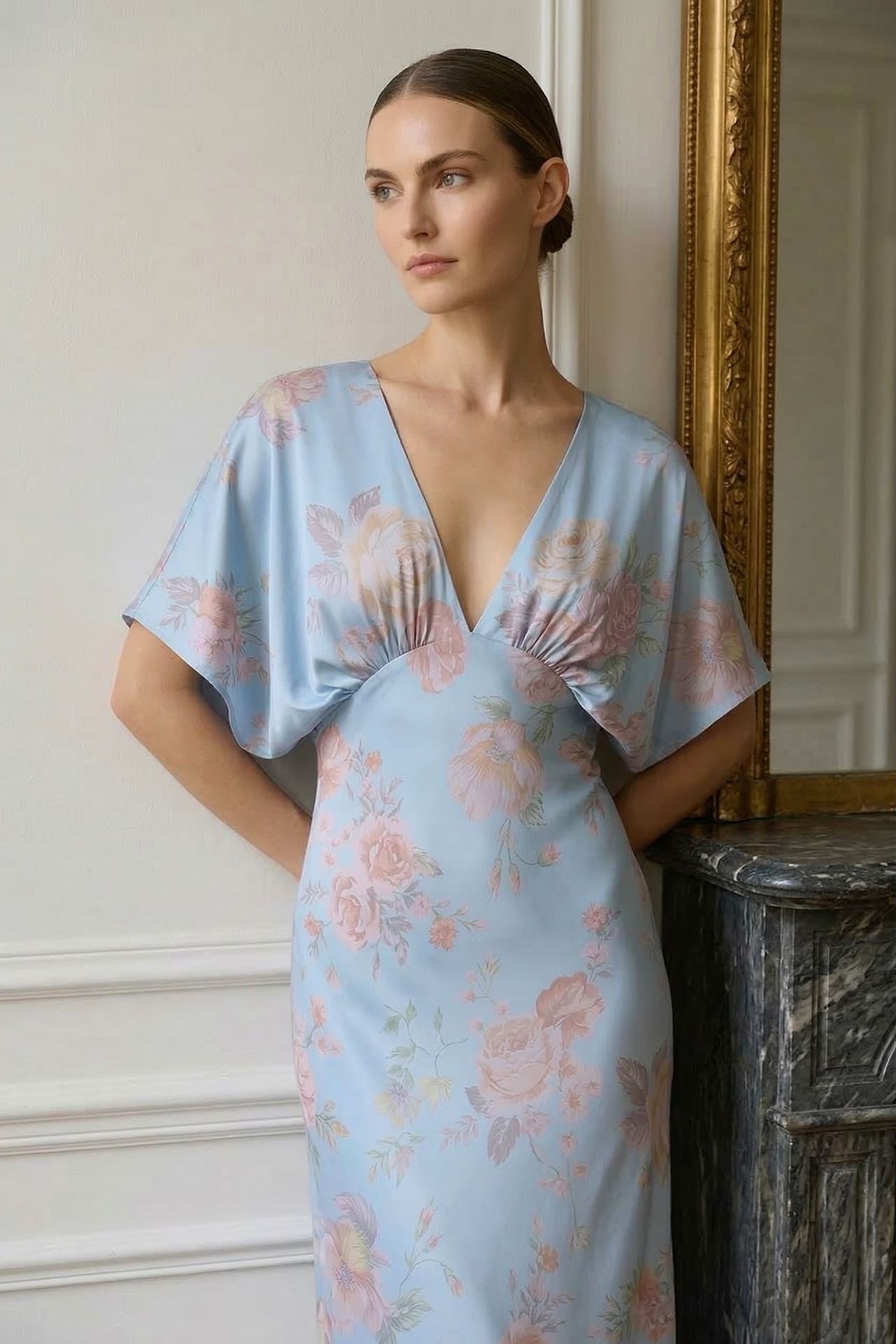 Shasi Powder Blue Satin V-Neck Floral Bridesmaid Dress with Flutter Sleeves- Beach Bridal Dress