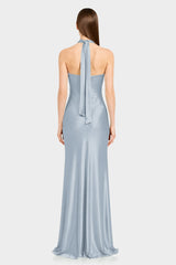 Designer Dusty Blue Ruched Halter Neck Satin Evening Gown for Wedding Guests & Bridesmaids