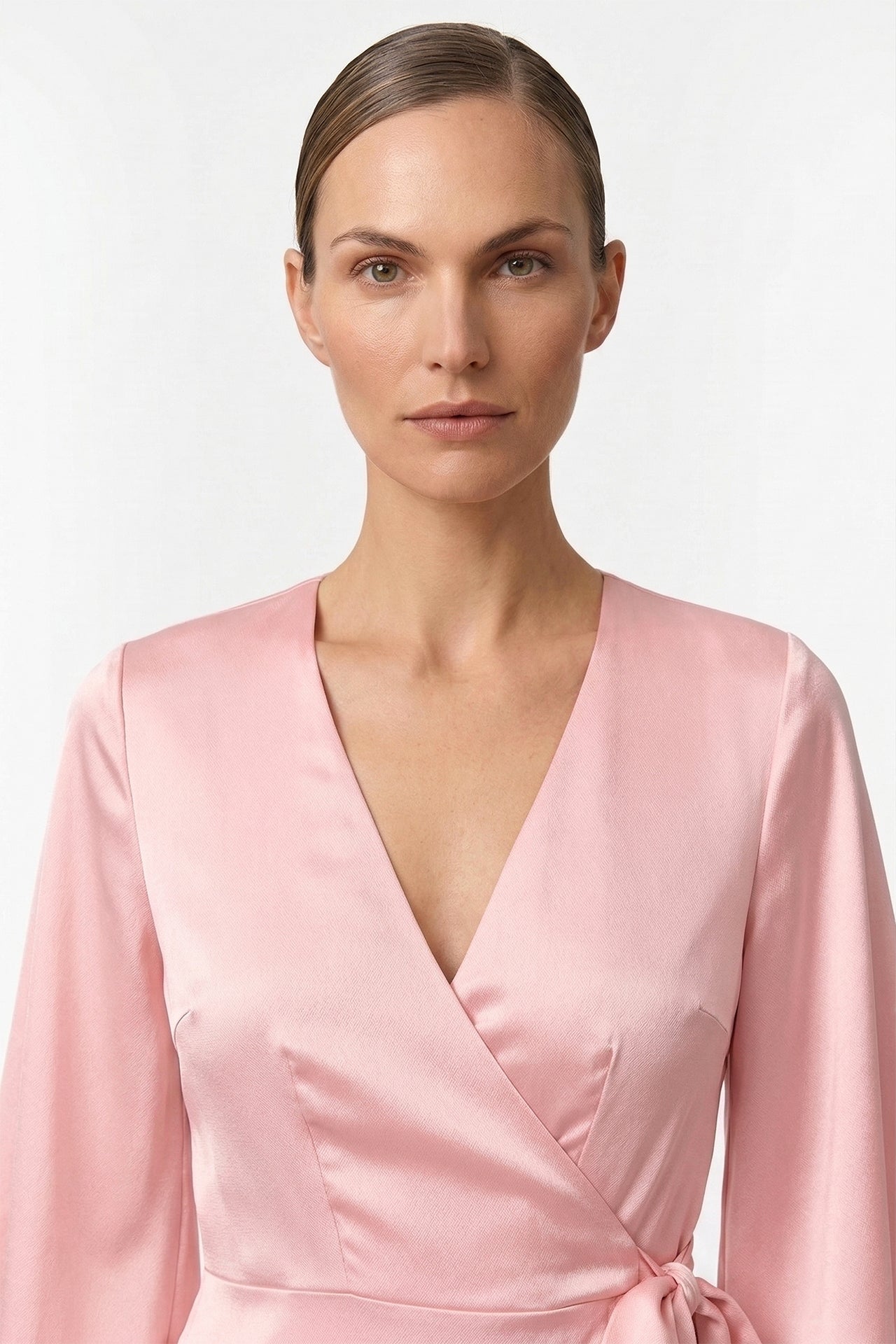 Blush Pink Satin Wrap Bridesmaid Maxi Dress with Slit – Long Sleeve