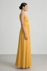 Butterscotch Heaven V-Neck Bridesmaid Dress – Elegant Maxi Gown