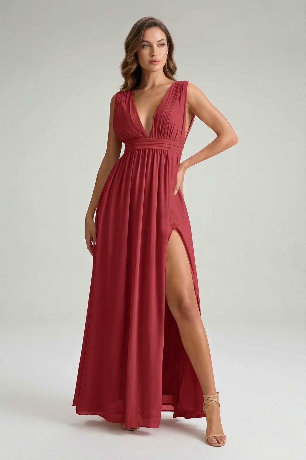 Burgundy Heaven V-Neck Bridesmaid Dress – Elegant Formal Maxi Gown
