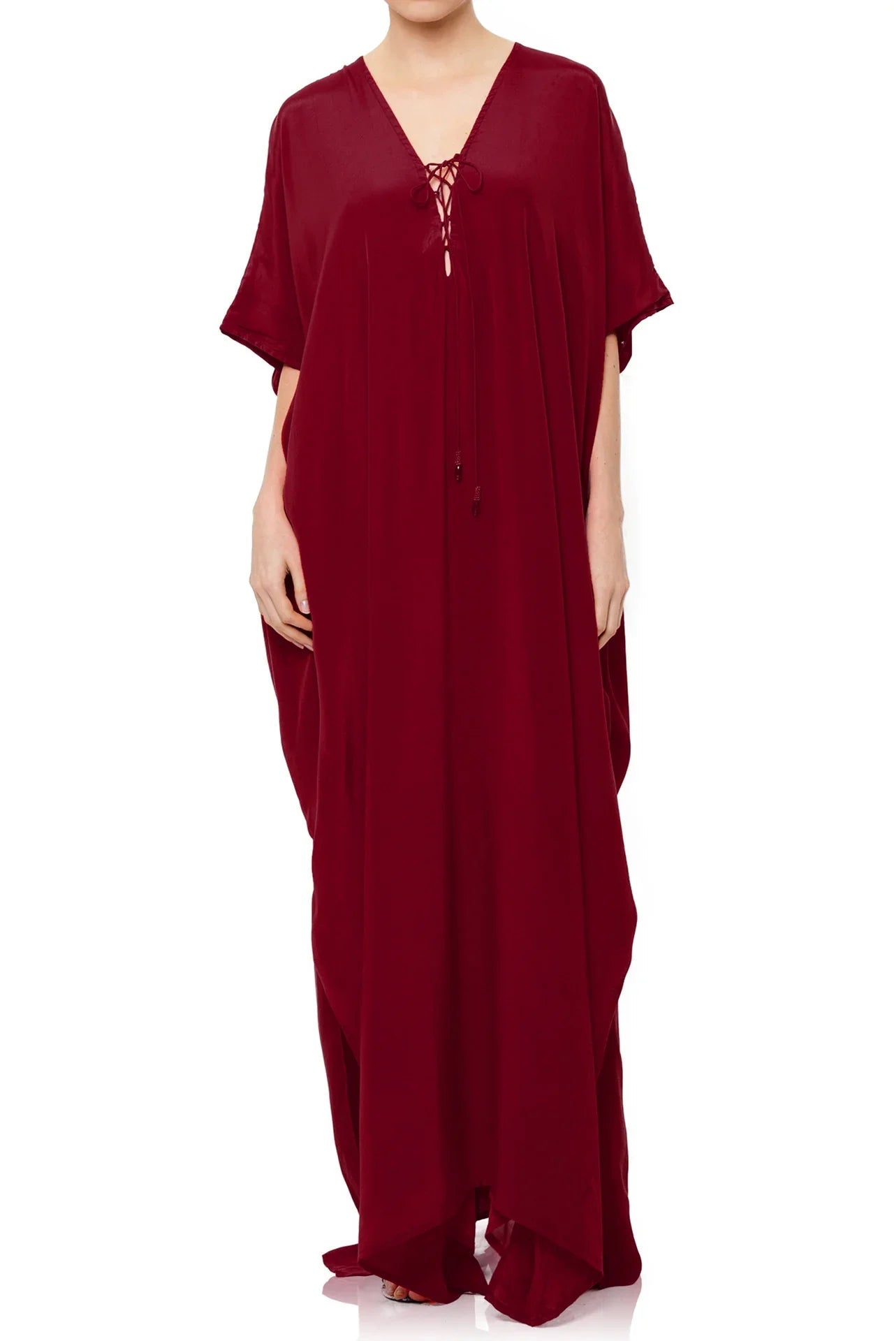 Burgundy Viscose Silk Convertible Maxi Kaftan Dress for Plus size women