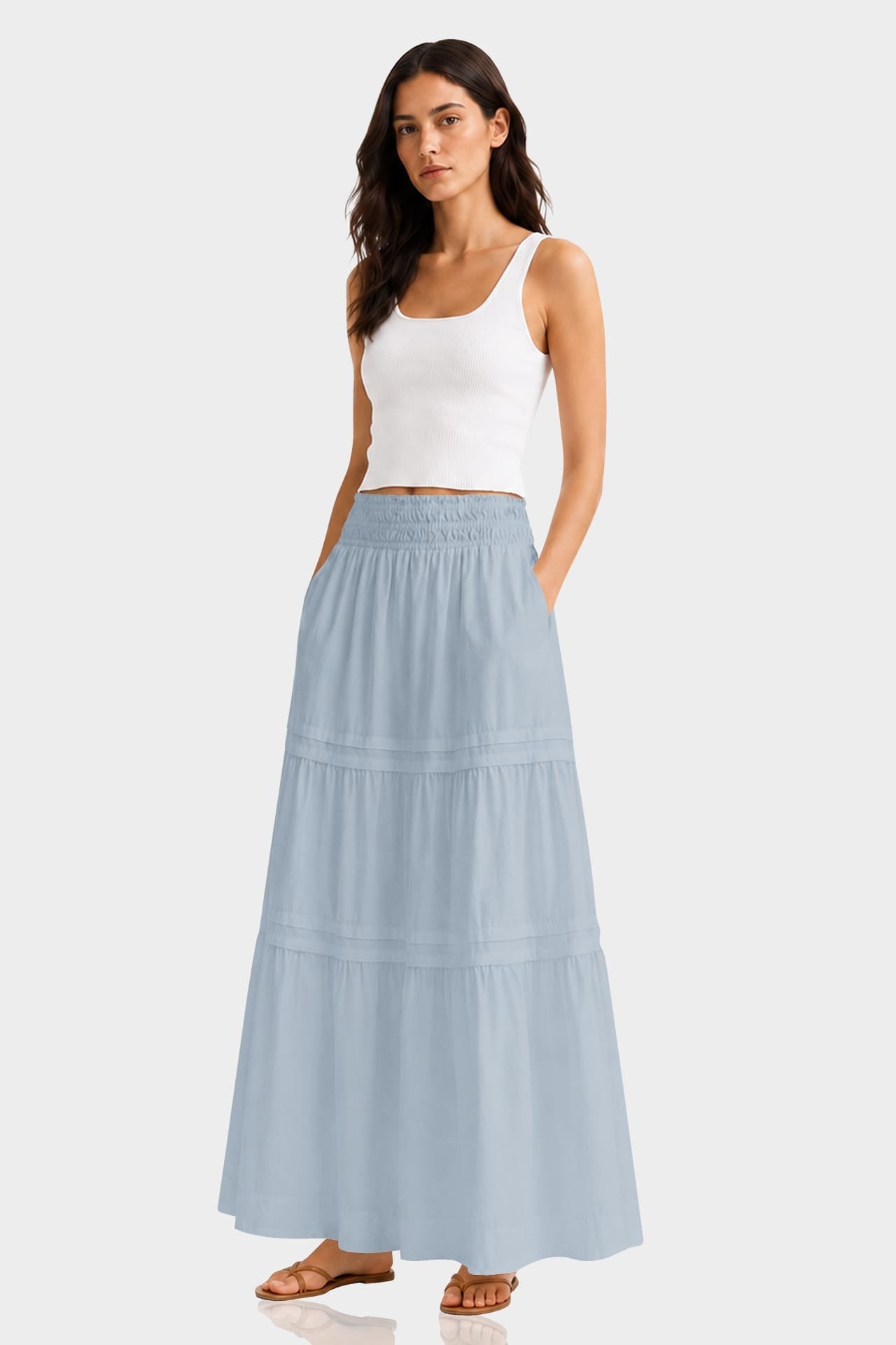 Dusty Blue Flowy Cotton Maxi Skirt with Pockets – Summer Cotton Skirt