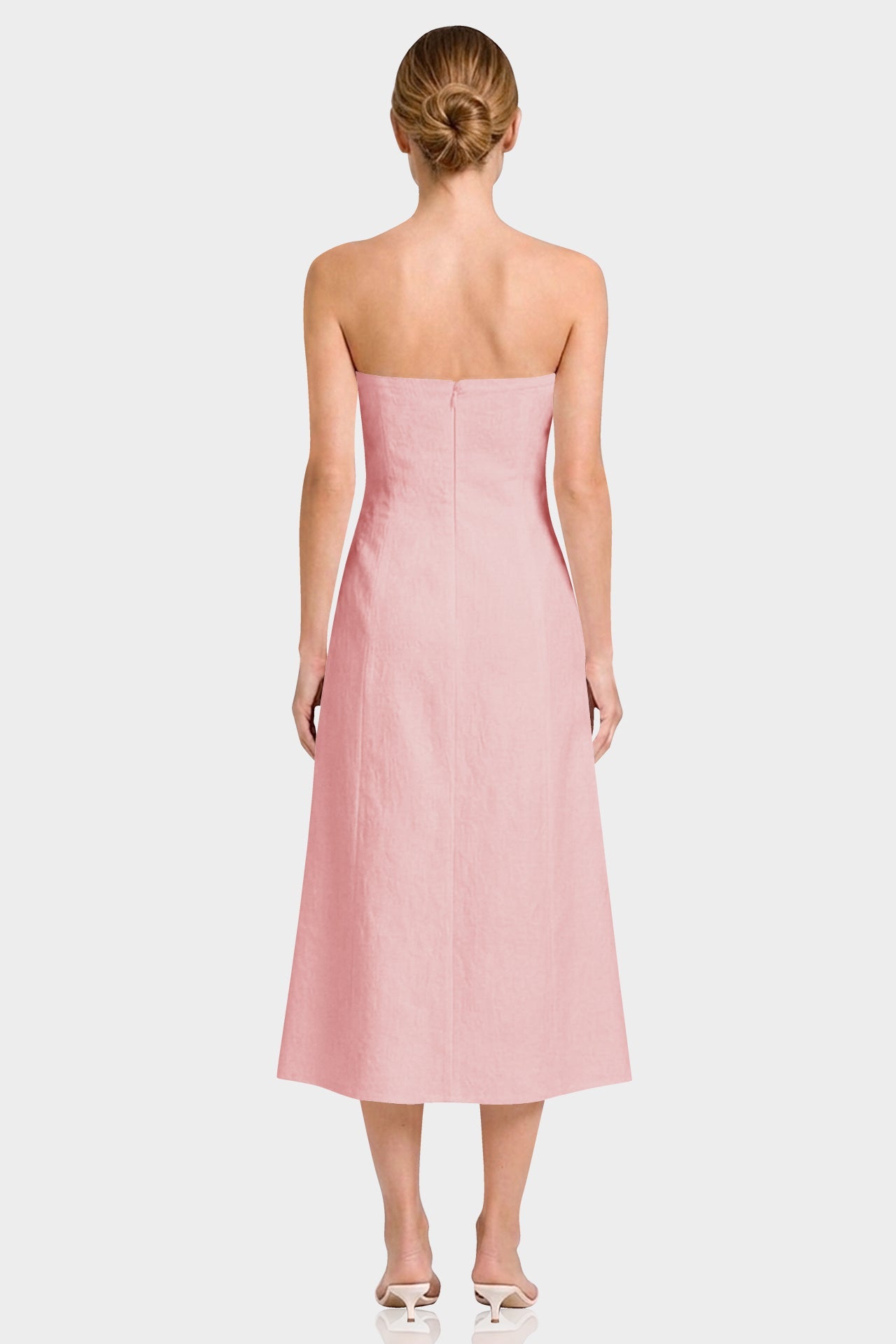 Blush Pink Strapless Cotton Midi Dress with 3D Floral Appliqué