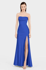 Elegant Sapphire Blue Bridesmaid Dress in Matte Satin with Side Slit