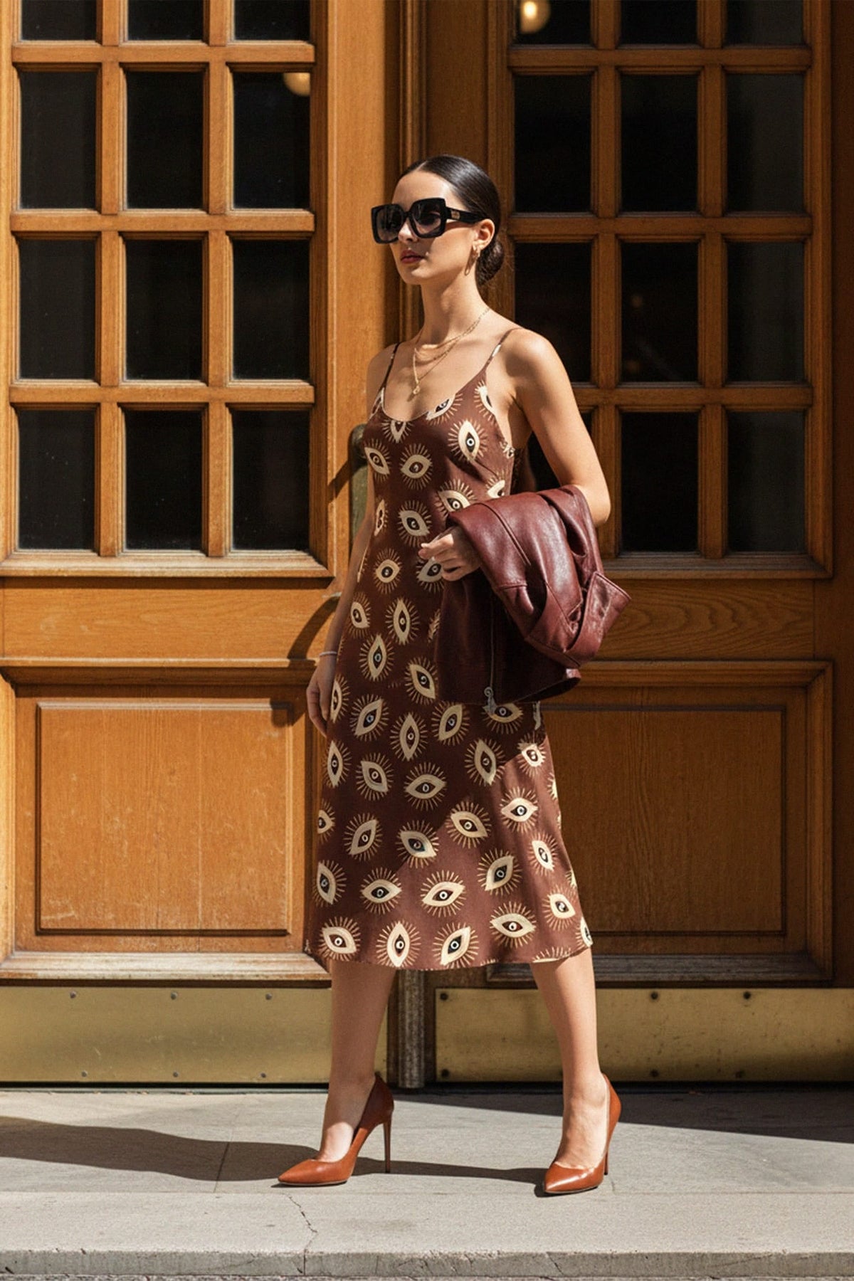 Brown Evil Eye Slip Dress in Midi Length