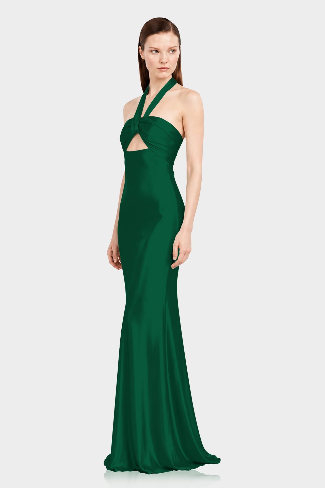 Dark Green Matte Satin Halter Maxi Dress with Twist Front & Open Back