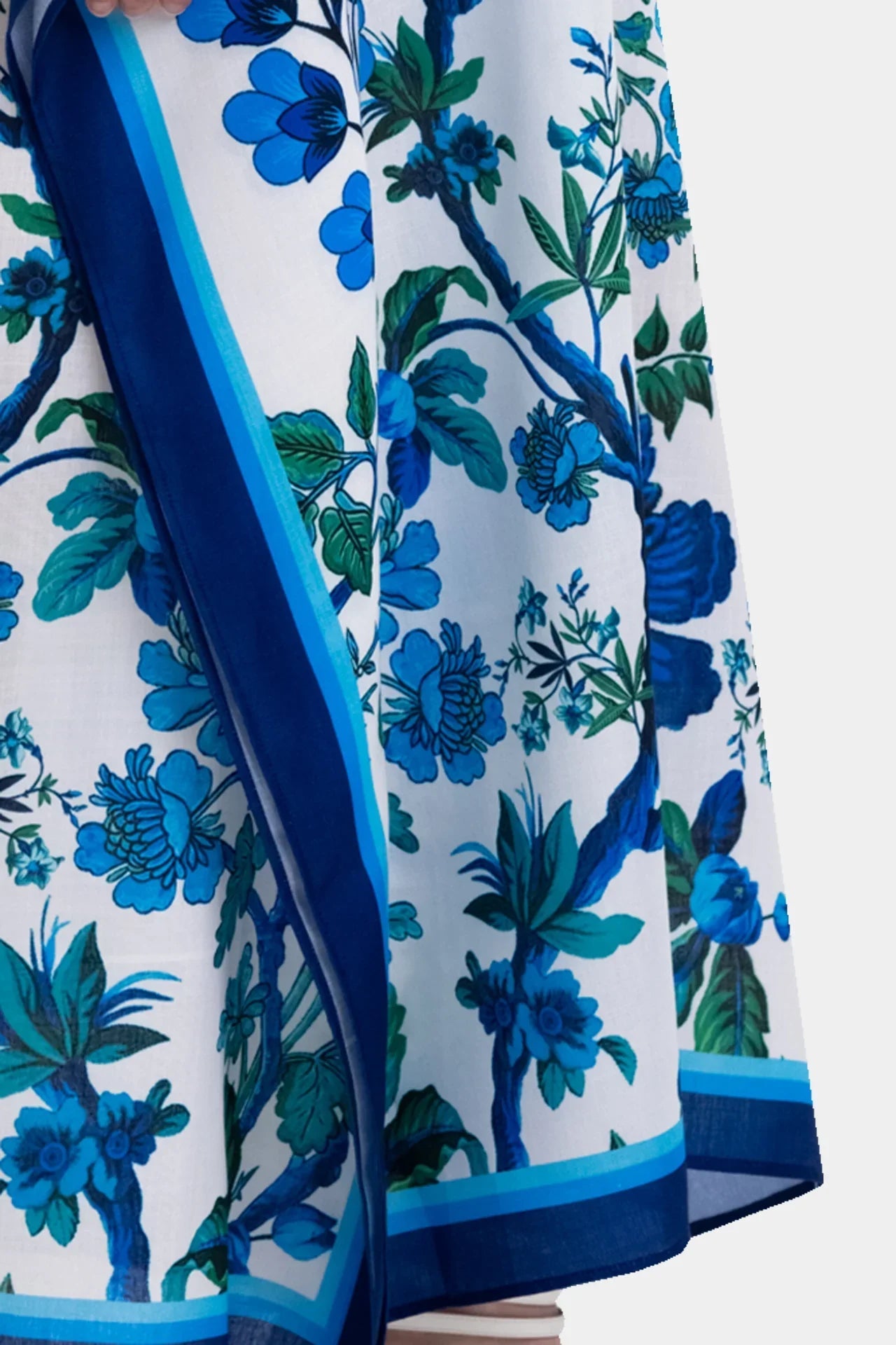 White Botanical Print Kaftan Maxi Dress with Blue Border Detail