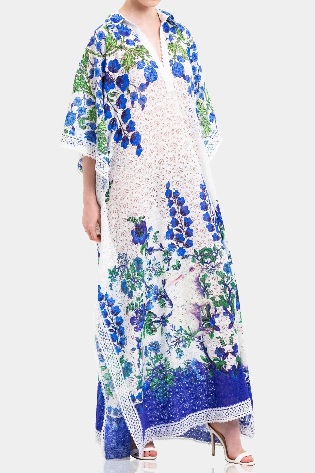 White Lace Kaftan Maxi Dress with Blue floral Print