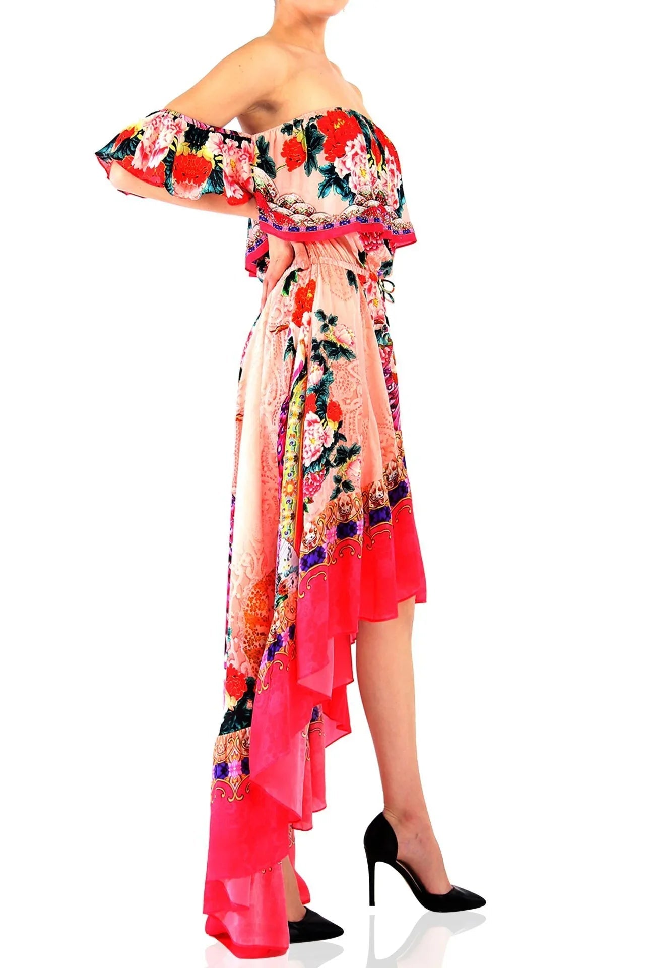 Coral Off Shoulder Ruffle Dress